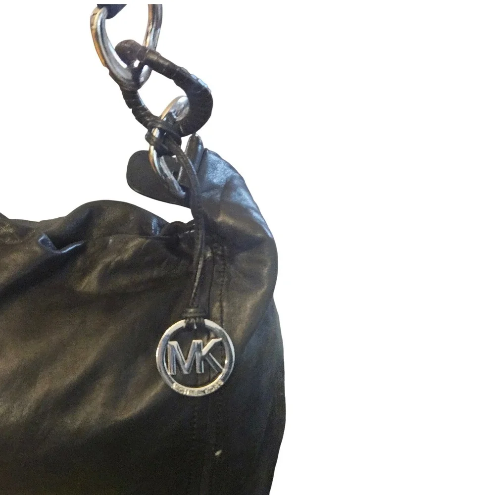 Michael Kors Black Leather‎ Hobo Bag Silver Ring Hardware MK Charm Shoulder Bag